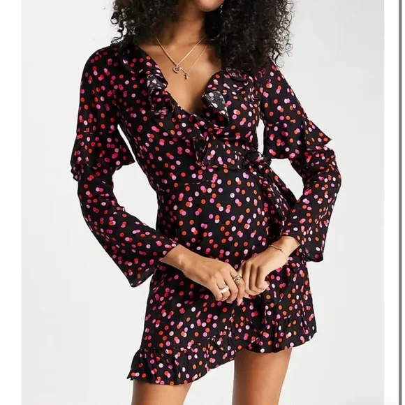 Polka Dot Topshop Pink And Black Dress Topshop Dresses Topshop Black Polka  Dot Wrap Dress New